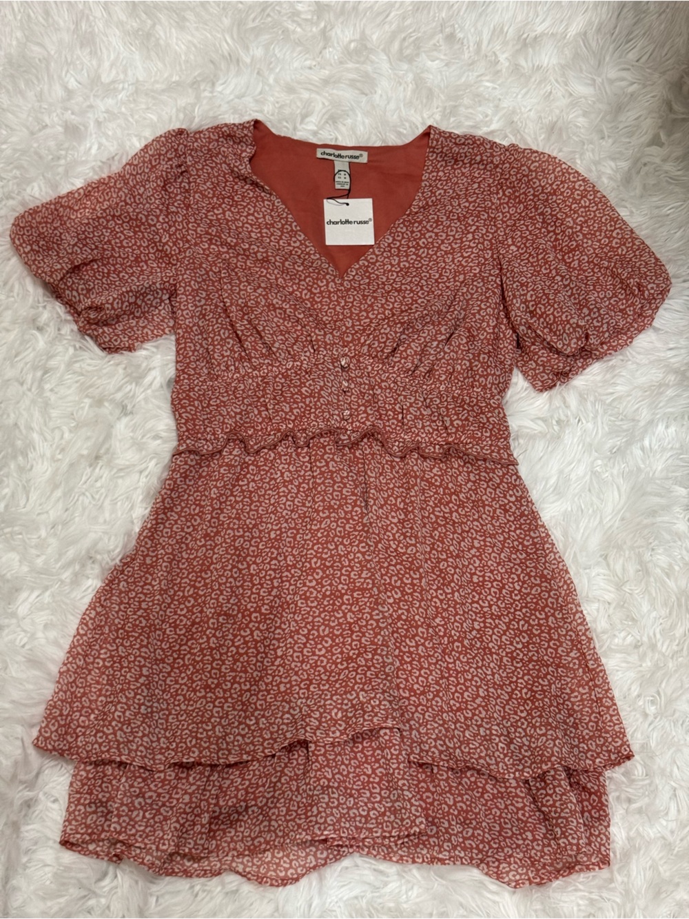 NWT Charlotte Russe Leopard Print Mini Dress M Rust Puff Sleeve Ruffle Tiered